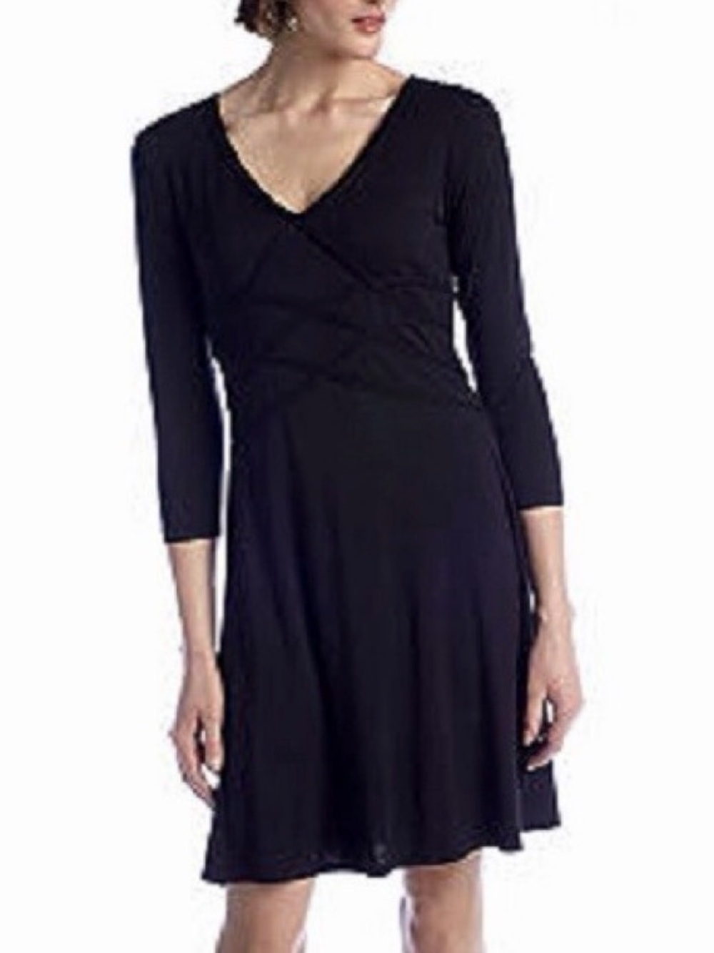 LOFT Black V-Neck 3/4 Sleeve Fit-and-Flare Dress